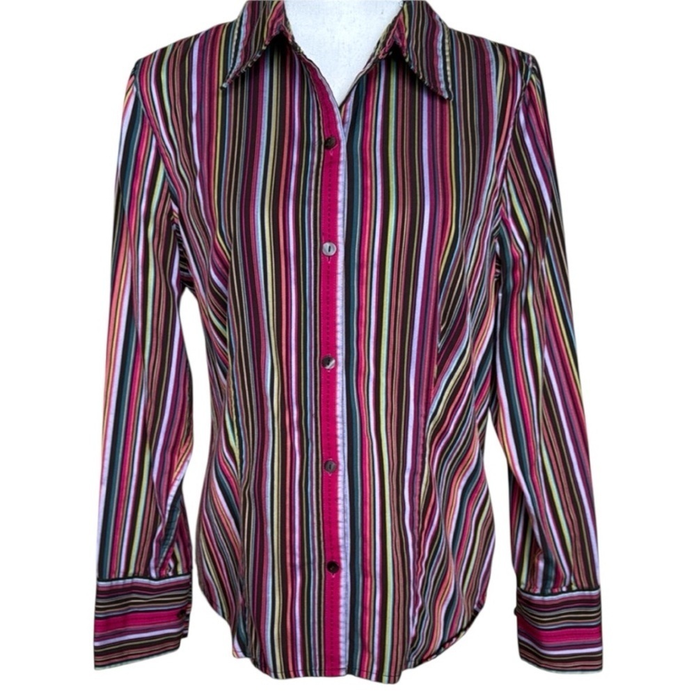 Liz Claiborne Striped Button Up Shirt Fitted Pink Brown Grosgrain Ribbon Accent